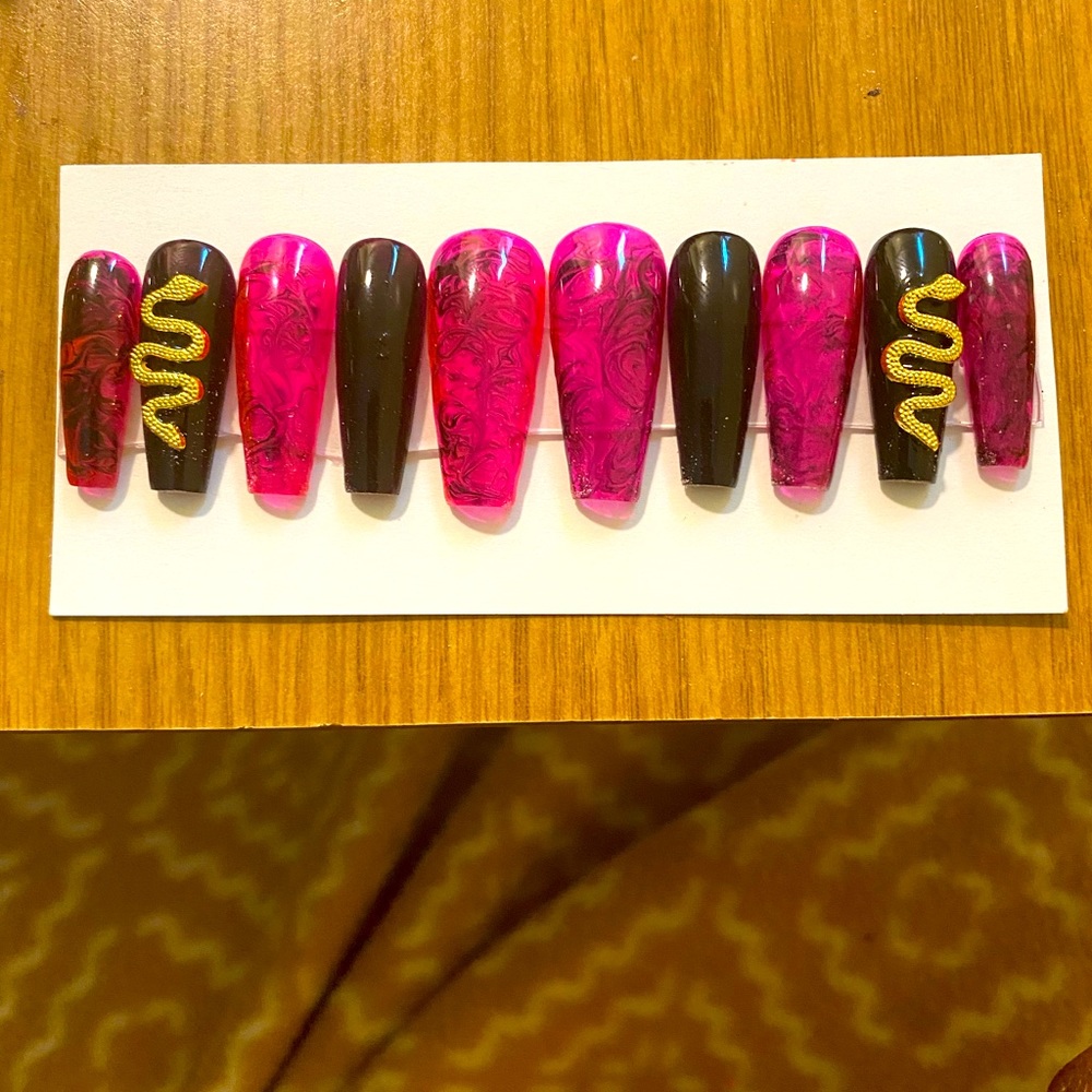 Pink & Black glow in the dark Polygel press ons